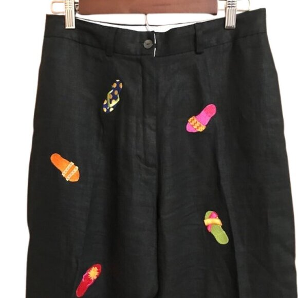 Deane & White Women's Black 100% Linen Embroidered Flip Flop Capri Pants Size 8 - Picture 2 of 7